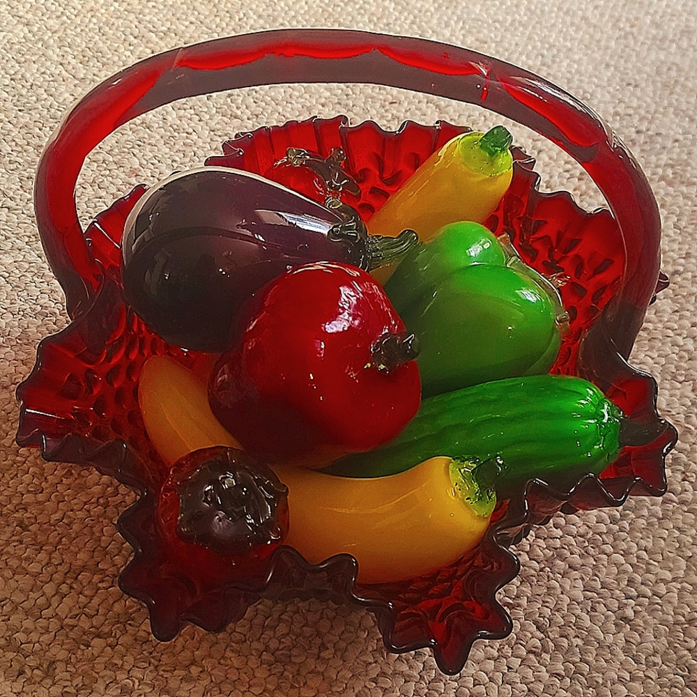Fenton Glass Bubble handle basket with fruit